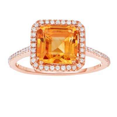 Cushion Shaped Citrine Ring with Diamonds in 14K Rose Gold