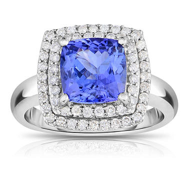 Cushion Shaped Tanzanite Ring with Diamonds in 14K White Gold