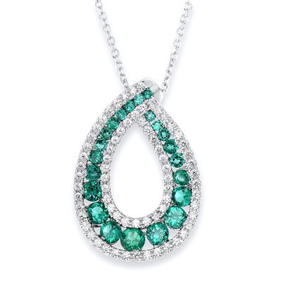 Round Shaped Created Emerald Pendant with Created White Sapphire in Sterling Silver