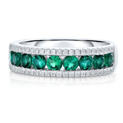 Round Shaped Created Emerald Ring with Created White Sapphire in Sterling Silver