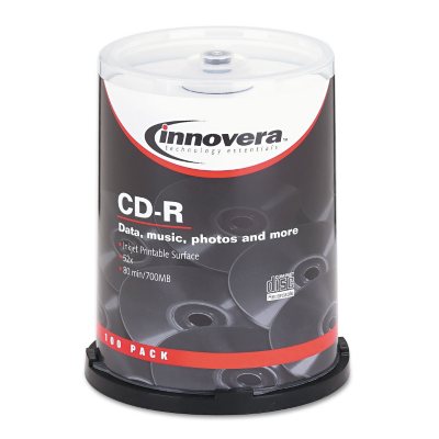 Innovera - CD-R Discs, Hub Printable, 700MB/80min, 52x, Spindle, Matte White -  100/Pack