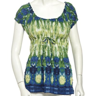 Lizwear Crinkle Drawstring Top - Blue & Green Stained Glass Print