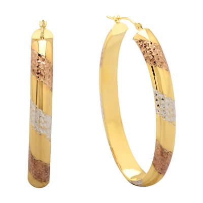 Love, Earth Diamond Cut and Tricolor Oval Hoop Earrings in Sterling Silver and 14K Yellow Gold