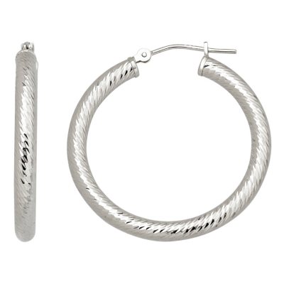 3x30mm Round Diamond Cut Hoop Earring in 14K White Gold