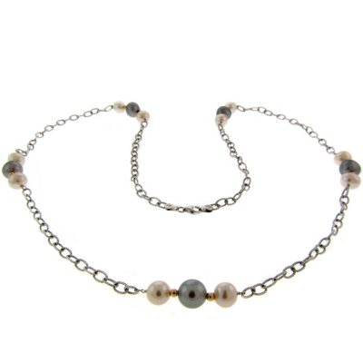 Gray Freshwater Pearl Necklace with 14k Beads & Sterling Silver Chain 