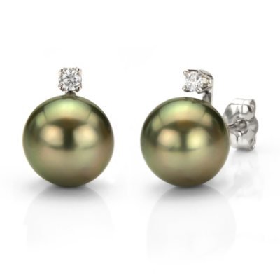 9-10mm Black Tahitian Pearl and Diamond Earrings in 14k White Gold