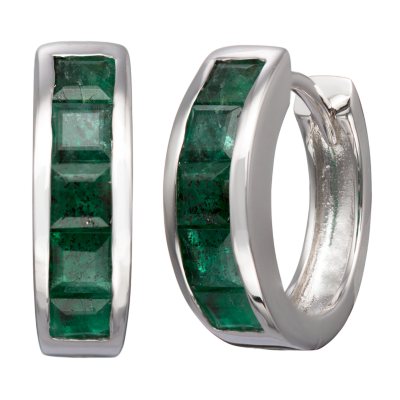 Natural Emerald Huggie Earrings in Sterling Silver