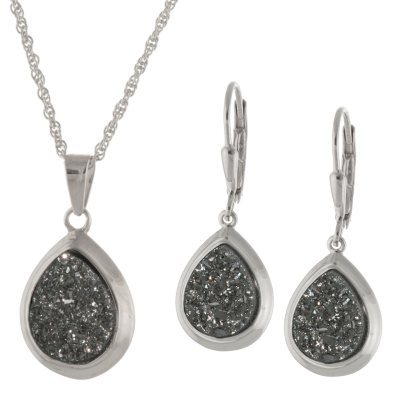 Sterling Silver Genuine Druzy Pendant & Earring Set