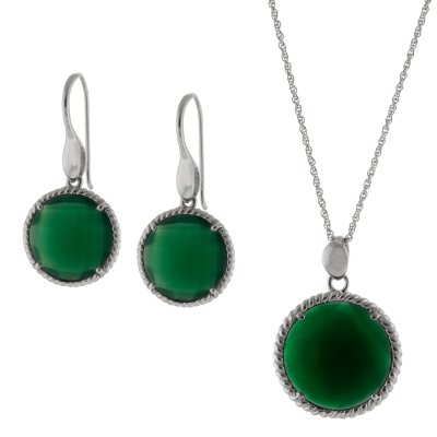 Sterling Silver and Genuine Green Onyx Earring and Pendant Set