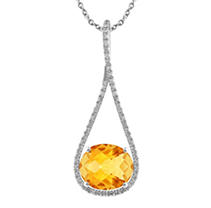 Oval-shaped Citrine Drop Pendant With Diamonds In 14k White Gold (h-i, I1)