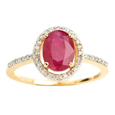 Oval Ruby with Diamond Halo Ring in 14K Yellow Gold