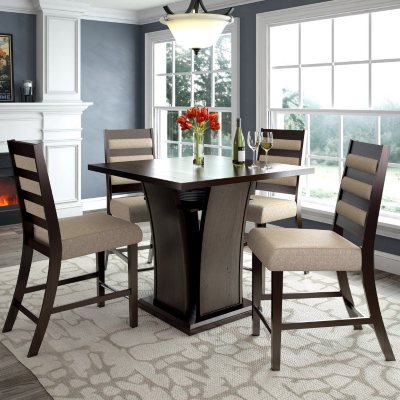 Bistro Counter Height Dining Table with 4 Woven Cream Dining Chairs 