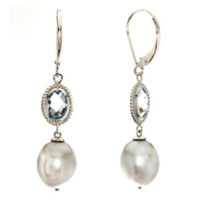 2.5 ct. t.w. Blue Topaz & Pearl Earrings in 14K White Gold
