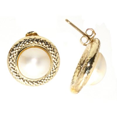10mm Round Mabe Pearl Earrings in 14K Yellow Gold