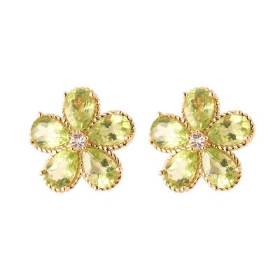 Pear-Shaped Peridot Flower Earrings with White Topaz in 14K Yellow Gold