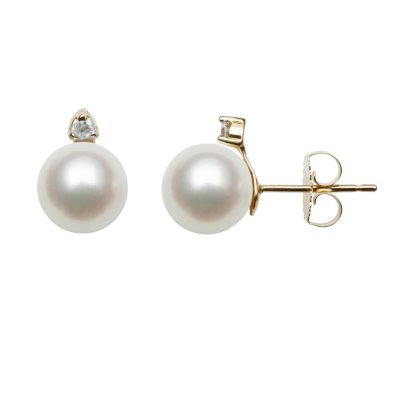 7.0-7.5mm Cultured Akoya Pearl and Diamond Studs in 14K Yellow Gold