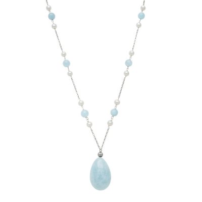 Cultured Freshwater Pearl and Aquamarine Necklace in Sterling SIlver