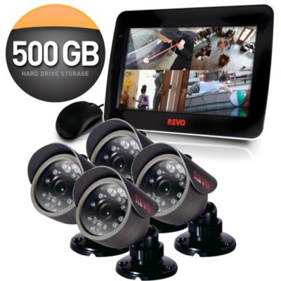 Revo 4 Channel Security System with 4 x 420TVL 33' Night Vision, 10.5" Built-in Monitor, and 500GB DVR 