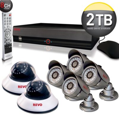Revo 8 Channel Security System with 6 x 600TVL 80' Night Vision, 2TB DVR