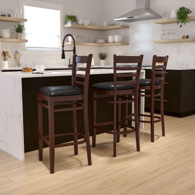Hospitality Stool Mahogany Wood - Ladder Back - Black Vinyl Upholstered Seat - 1 Pack
