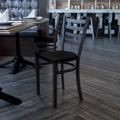 Hospitality Chair - Black Metal - Ladder Back - Mahogany Finished Wood Seat - 1 pk.
