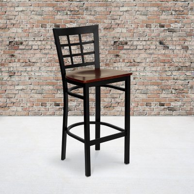 Hospitality Stool - Black Metal - Window Back - Mahogany Finished Wood Seat - 1 pk.