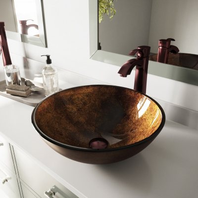 VIGO Russet Glass Vessel Sink and Faucet Set in Oil Rubbed Bronze 