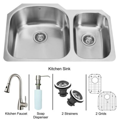 VIGO Undermount Stainless Steel Kitchen Sink, Faucet, Two Grids, Two Strainers and Dispenser 