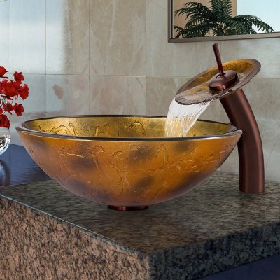 VIGO Copper Shapes Glass Vessel Sink and Waterfall Faucet Set in Oil-Rubbed Bronze 