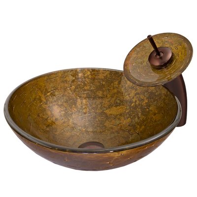 VIGO Textured Copper Glass Vessel Sink and Waterfall Faucet Set 