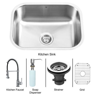 VIGO Undermount Stainless Steel Kitchen Sink, Faucet, Grid, Strainer and Dispenser 