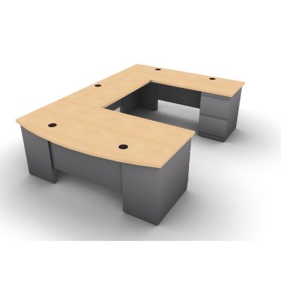 SNAP!Office U-Shaped Single Pedestal Bow Front Desk, Bridge & Credenza - Right Hand - Aluminum Gray & Amber Maple Top