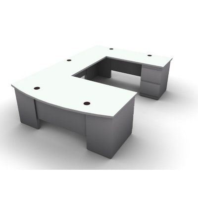 SNAP!Office U-Shaped Single Pedestal Bow Front Desk, Bridge & Credenza - Right Hand - Aluminum Gray & Frosty White Top