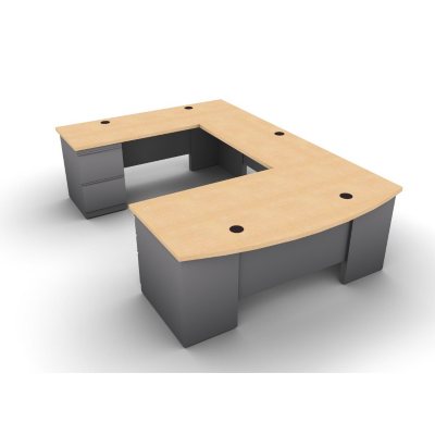 SNAP!Office U-Shaped Single Pedestal Bow Front Desk, Bridge & Credenza - Left Hand - Aluminum Gray & Amber Maple Top