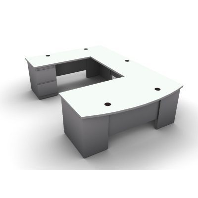 SNAP!Office U-Shaped Single Pedestal Bow Front Desk, Bridge & Credenza - Left Hand - Aluminum Gray & Frosty White Top