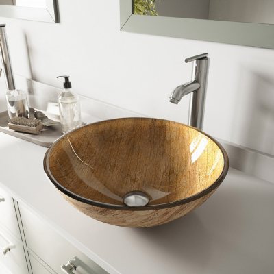 VIGO Amber Sunset Glass Vessel Sink and Faucet Set in Brushed Nickel 