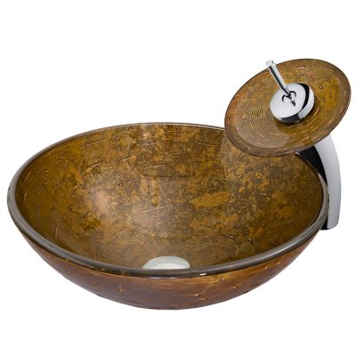 VIGO Textured Copper Glass Vessel Sink and Waterfall Faucet Set in Chrome 