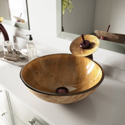 VIGO Amber Sunset Glass Vessel Sink and Waterfall Faucet Set in Oil-Rubbed Bronze 