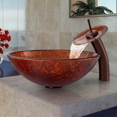 VIGO Mahogany Moon Glass Vessel Sink and Waterfall Faucet Set in Oil-Rubbed Bronze 