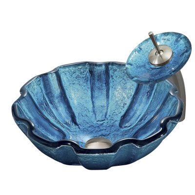 VIGO Mediterranean Seashell Glass Vessel Sink and Waterfall Faucet Set in Brushed Nickel 