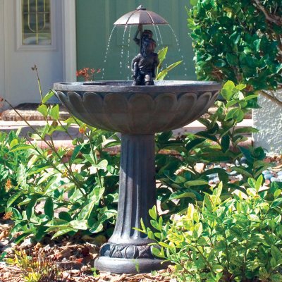 Umbrella Series Solar Fountain - Boy and Girl Riding Piggyback