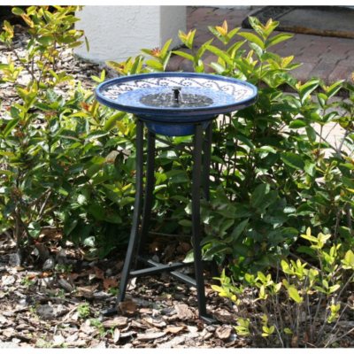 Mosaic Solar Birdbath, Metal Stand & Ceramic Glazed Finish 