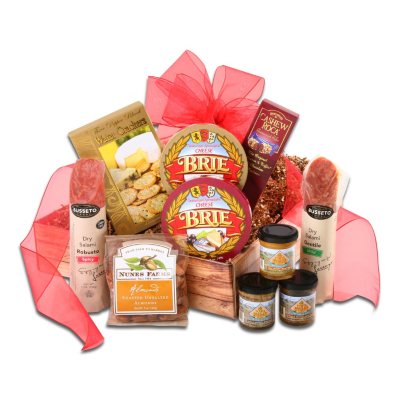 Gourmet Meat and Cheese Gift Basket with Custom Printed Ribbon 