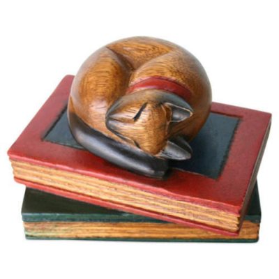Hand-Painted Carved Wood Cat On Book Paperweight