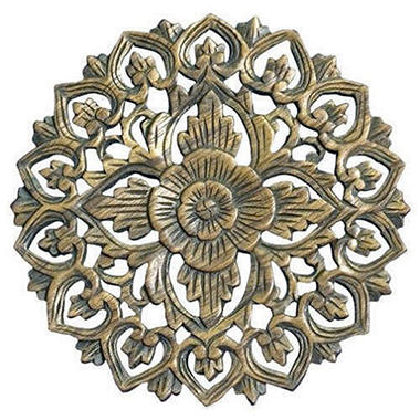 Handmade Round Floral Teak Wood Wall Art - Walnut