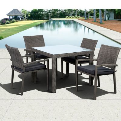 Andana Square Gray Synthetic Wicker Patio Dining Set with gray Cushions (5 pcs.)