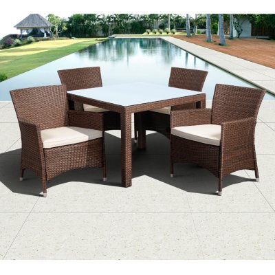 Andana Deluxe Square Brown Synthetic Wicker Patio Dining Set with Off-White Cushions (5 pcs.)