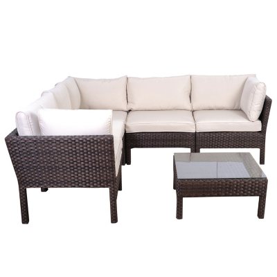 Ribera Brown Synthetic Wicker Patio Seating Set with Off-White Cushions (6 pcs.)