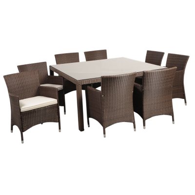 Andana Deluxe Square Brown Synthetic Wicker Patio Dining Set with Off-White Cushions (9 pcs.)