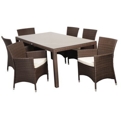Andana Deluxe Rectangular Brown Synthetic Wicker Patio Dining Set with Off-White Cushions (7 pcs.)